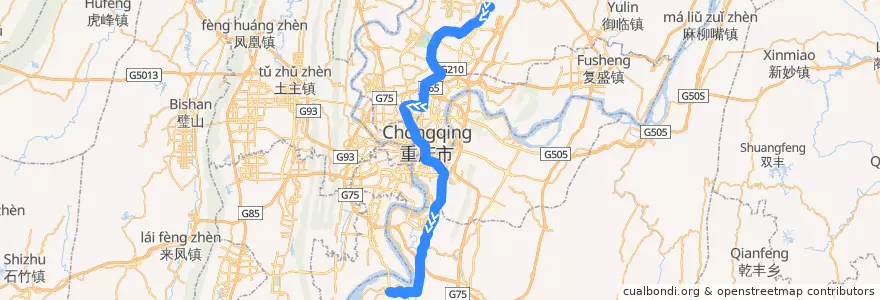 Mapa del recorrido CRT Line 3: 江北机场T2航站楼 → 鱼洞 de la línea  en 重慶市.