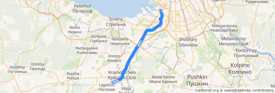 Mapa del recorrido Автобус № 145: Красное Село, Октябрьская улица => Санкт-Петербург, Кировский завод de la línea  en São Petersburgo.