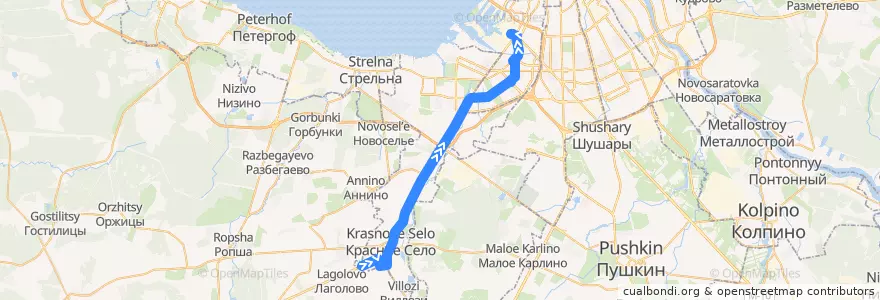 Mapa del recorrido Автобус № 145А: Октябрьская улица => Кировский завод de la línea  en Санкт-Петербург.