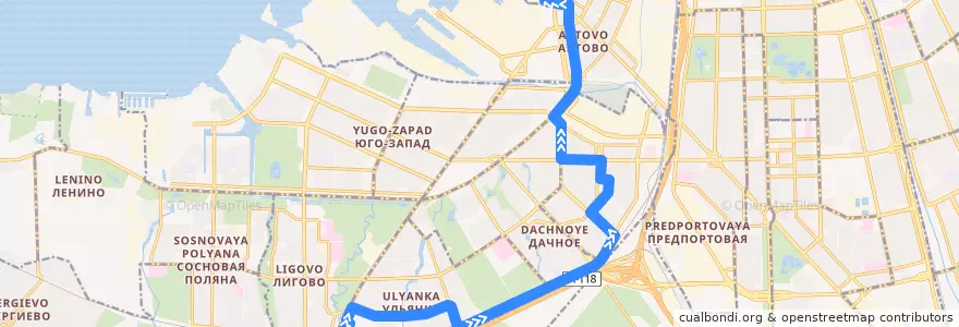Mapa del recorrido Автобус № 18: улица Стойкости => Кировский завод de la línea  en Sankt Petersburg.
