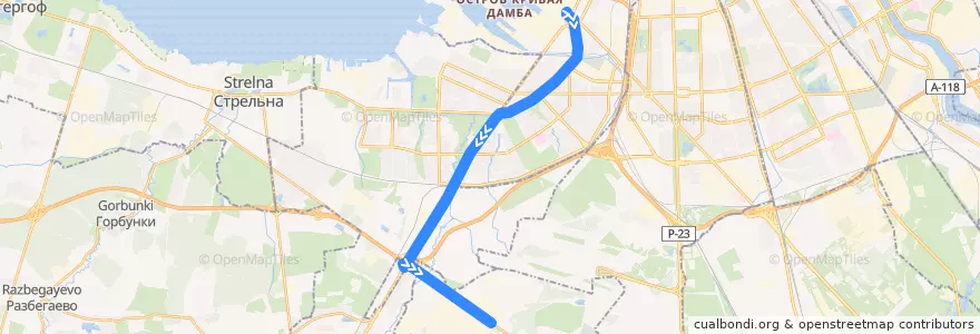 Mapa del recorrido Автобус № 108: Кировский завод => Волхонское шоссе de la línea  en Oblast Leningrad.