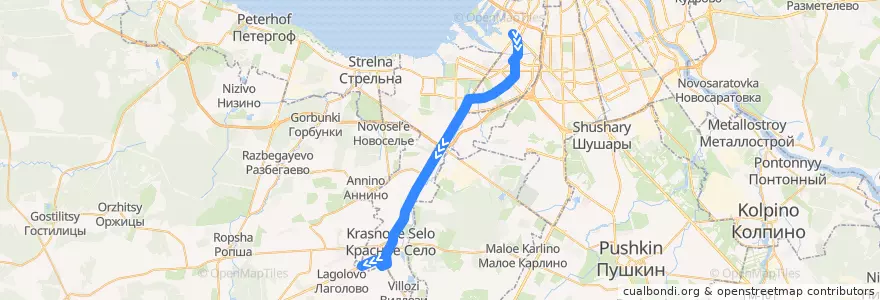 Mapa del recorrido Автобус № 145А: Кировский завод => Октябрьская улица de la línea  en سانت بطرسبرغ.