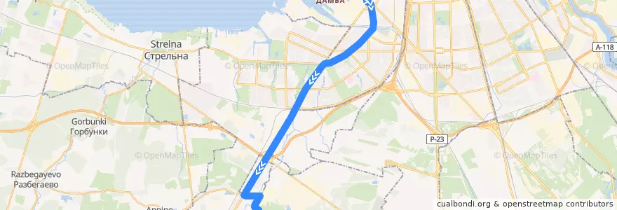 Mapa del recorrido Автобус № 20: Кировский завод => стадион «Пингвин» de la línea  en Санкт-Петербург.