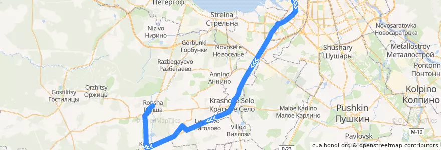 Mapa del recorrido Автобус № 481: Санкт-Петербург, Кировский завод => Ропша de la línea  en Ленинградская область.