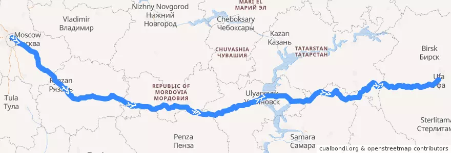 Mapa del recorrido Поезд 116Й: Москва — Уфа de la línea  en Rusia.