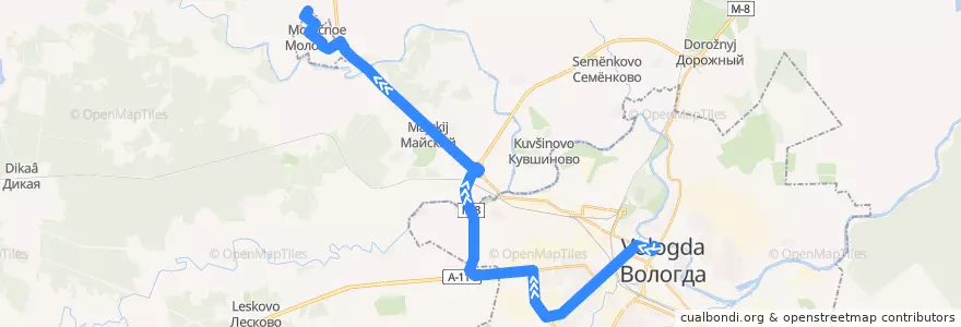 Mapa del recorrido Автобус №37Э: Вологда — Молочное de la línea  en Вологодский район.