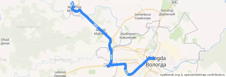 Mapa del recorrido Автобус №37Э: Молочное — Вологда de la línea  en Вологодский район.