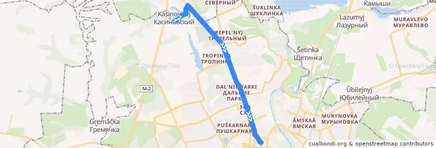Mapa del recorrido Маршрут автобуса №18: "Посёлок Косиново - площадь Перекальского" de la línea  en Курский район.