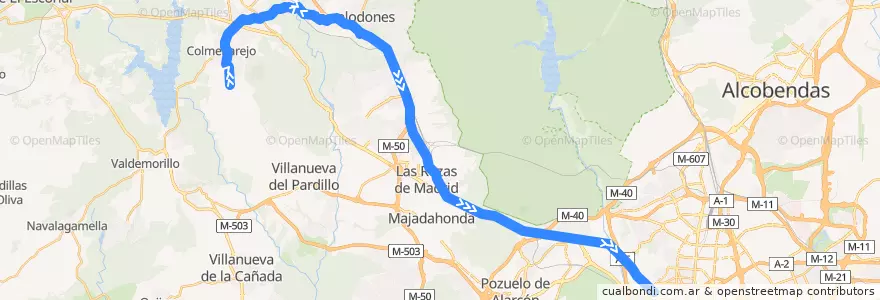 Mapa del recorrido Bus 631: Colmenarejo → Galapagar → Torrelodones (Colonia) → Madrid (Moncloa) de la línea  en منطقة مدريد.