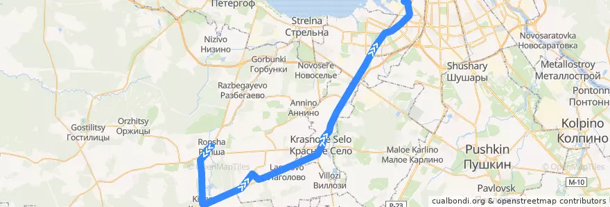 Mapa del recorrido Автобус № 481: Ропша => Санкт-Петербург, Кировский завод de la línea  en Ленинградская область.
