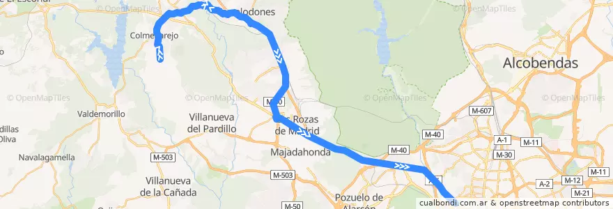 Mapa del recorrido Bus 631 por Las Rozas: Colmenarejo → Galapagar → Torrelodones (Colonia) → Las Rozas → Madrid (Moncloa) de la línea  en Comunidad de Madrid.