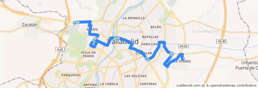 Mapa del recorrido Bus 3: Girón => Las Flores de la línea  en Valladolid.
