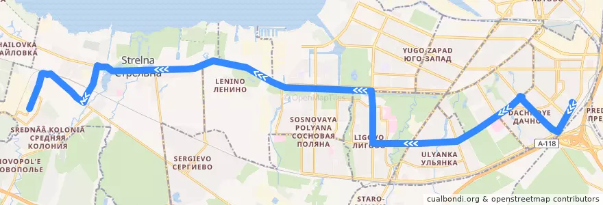 Mapa del recorrido Автобус № 162: Счастливая улица => Нойдорф de la línea  en São Petersburgo.