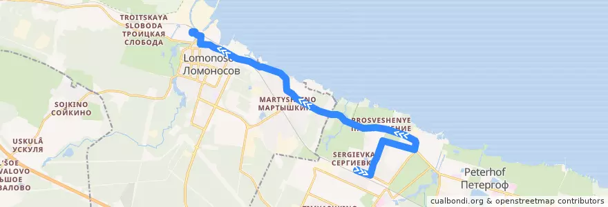 Mapa del recorrido Автобус № 349: Баушевская улица => Ломоносов, вокзал de la línea  en Петродворцовый район.
