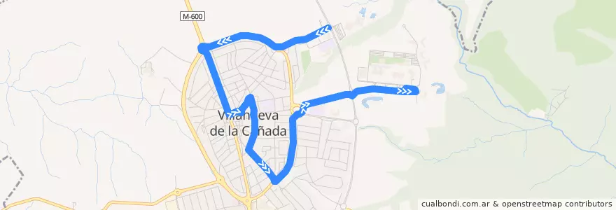 Mapa del recorrido Bus 1: Las Encinas - Universidad Alfonso X de la línea  en Villanueva de la Cañada.