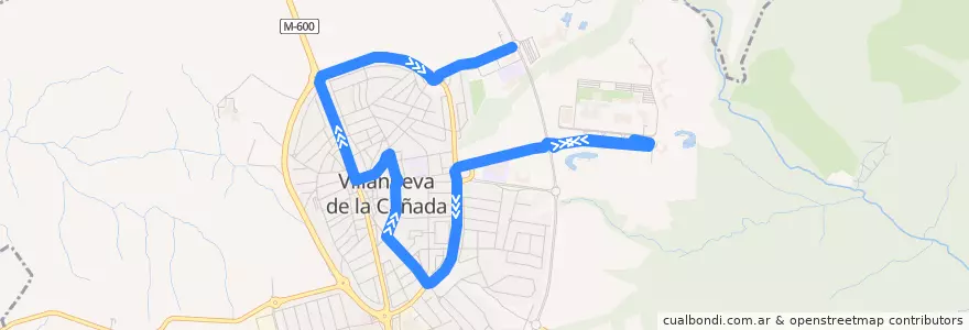 Mapa del recorrido Bus 1: Universidad Alfonso X - Las Encinas de la línea  en Villanueva de la Cañada.