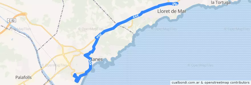 Mapa del recorrido Lloret de Mar Blanes de la línea  en Selva.