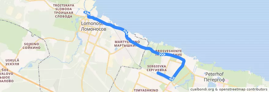 Mapa del recorrido Автобус № 349: Ломоносов, вокзал => Баушевская улица de la línea  en Петродворцовый район.
