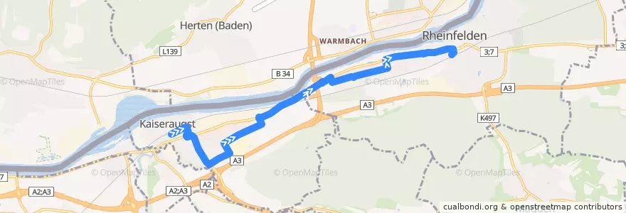 Mapa del recorrido Bus 84: Kaiseraugst, Bahnhof => Rheinfelden, Bahnhof de la línea  en Bezirk Rheinfelden.