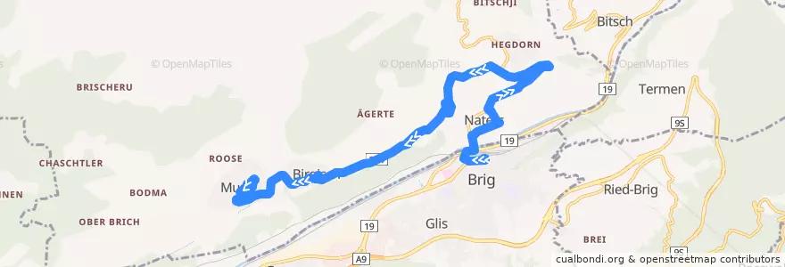 Mapa del recorrido Bus 623: Brig, Bahnhof => Mund, Dorf de la línea  en Naters.