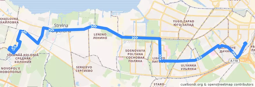Mapa del recorrido Автобус № 162: Нойдорф => Счастливая улица de la línea  en Санкт-Петербург.