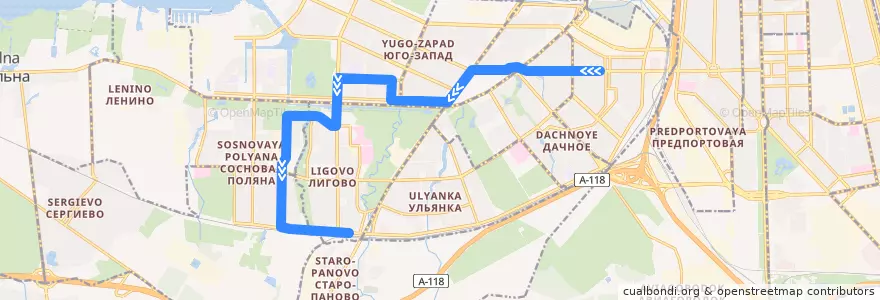 Mapa del recorrido Автобус № 87: станция метро "Ленинский Проспект" => ж/д станция Лигово de la línea  en Sankt Petersburg.