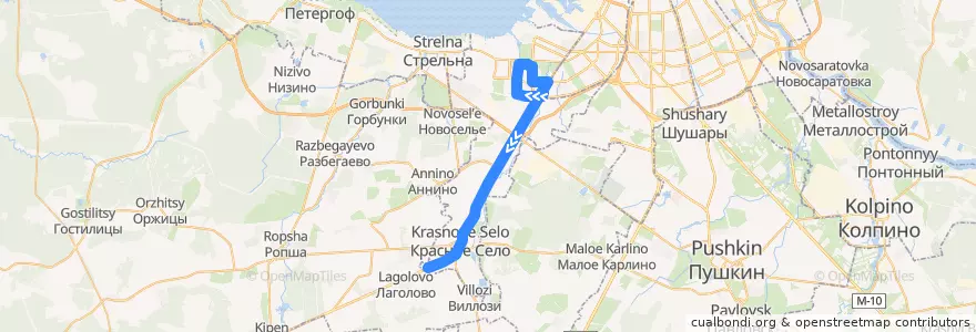 Mapa del recorrido Автобус № 165: ж/д станция Лигово => Красное Село, Октябрьская улица de la línea  en Красносельский район.