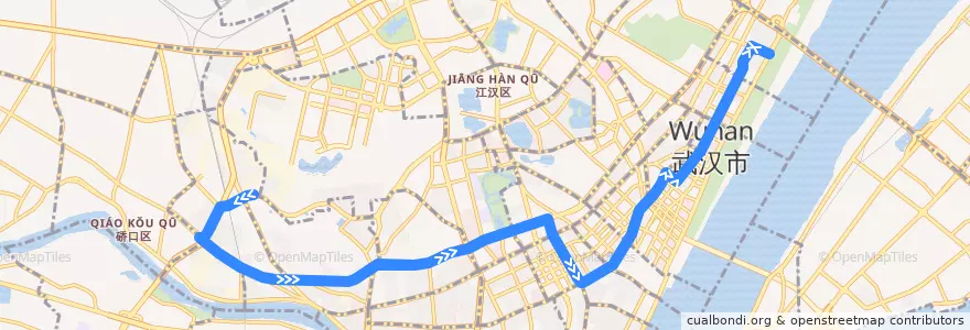Mapa del recorrido 1路 de la línea  en Ухань.