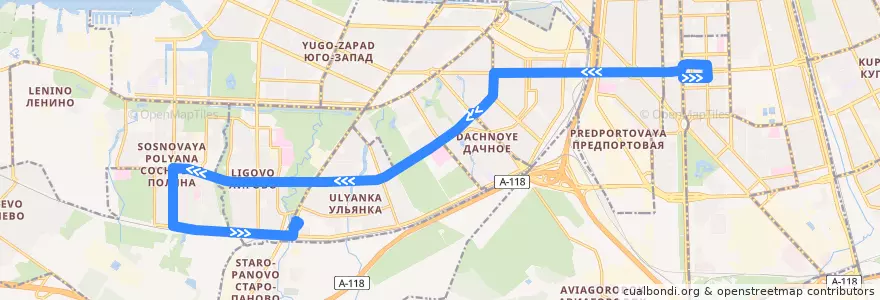 Mapa del recorrido Автобус № 130: станция метро «Московская» => ж/д станция Лигово de la línea  en San Pietroburgo.