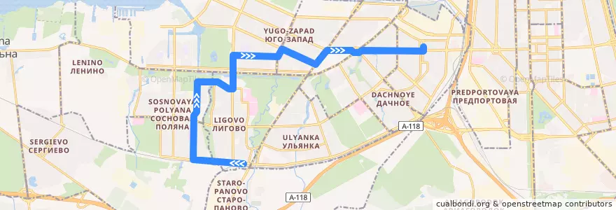 Mapa del recorrido Автобус № 87: ж/д станция Лигово => станция метро "Ленинский Проспект" de la línea  en Sint-Petersburg.