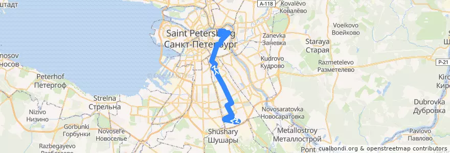 Mapa del recorrido Автобус № 54: Малая Балканская улица => Кирочная улица de la línea  en Saint-Pétersbourg.