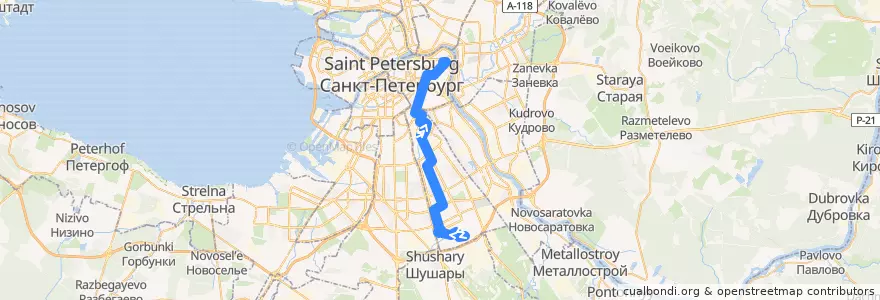 Mapa del recorrido Автобус № 74: Малая Балканская улица => площадь Пролетарской Диктатуры de la línea  en Санкт-Петербург.
