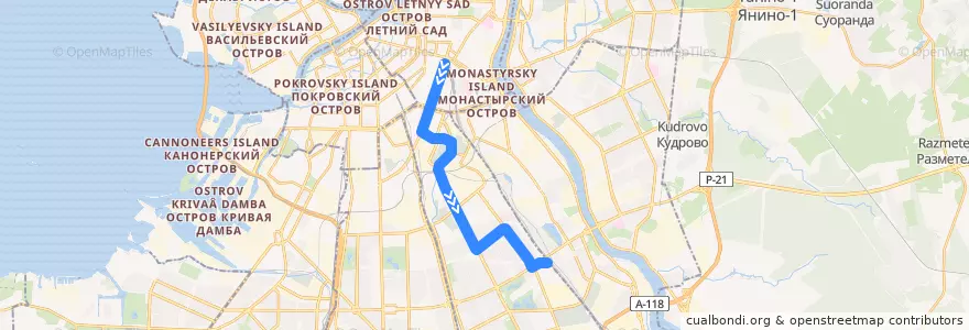 Mapa del recorrido Автобус № 91: Московский вокзал => ж/д станция «Сортировочная» de la línea  en Фрунзенский район.