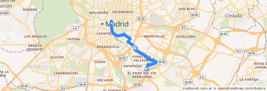 Mapa del recorrido Bus 10: Palomeras → Cibeles de la línea  en Madrid.