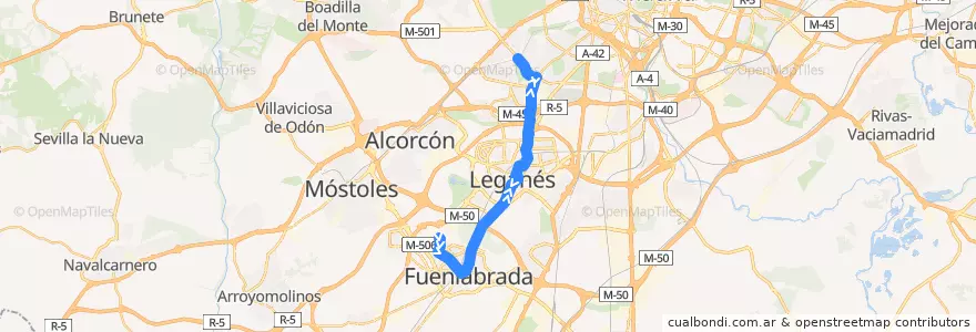 Mapa del recorrido Bus 491: Fuenlabrada (B° Naranjo) → Madrid (Aluche) de la línea  en Área metropolitana de Madrid y Corredor del Henares.