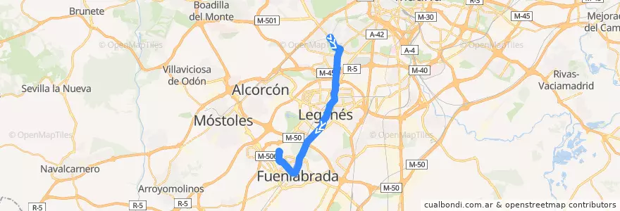 Mapa del recorrido Bus 491: Madrid (Aluche) → Fuenlabrada (B° Naranjo) de la línea  en Área metropolitana de Madrid y Corredor del Henares.