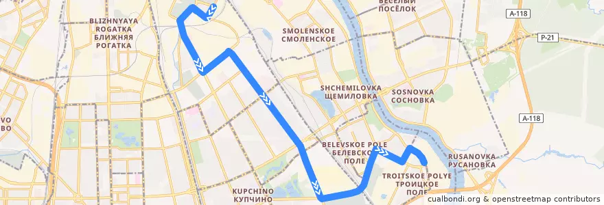Mapa del recorrido Автобус № 117: улица Самойловой => Троицкое поле de la línea  en Sint-Petersburg.