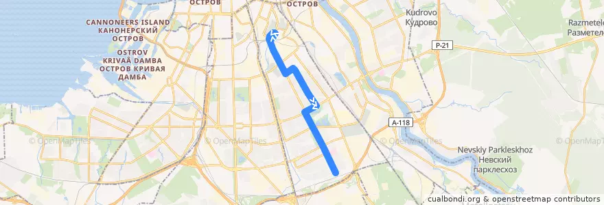 Mapa del recorrido Автобус № 57: станция метро «Волковская» => Малая Балканская улица de la línea  en Фрунзенский район.