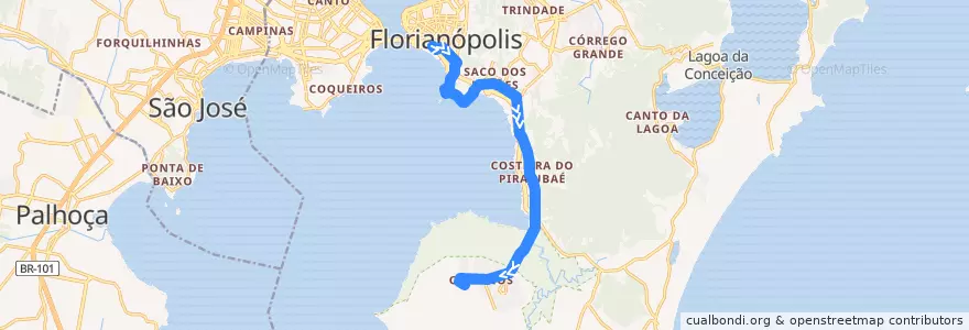Mapa del recorrido Ônibus 183: Corredor Sudoeste, TICEN => Aeroporto, Volta de la línea  en Florianópolis.