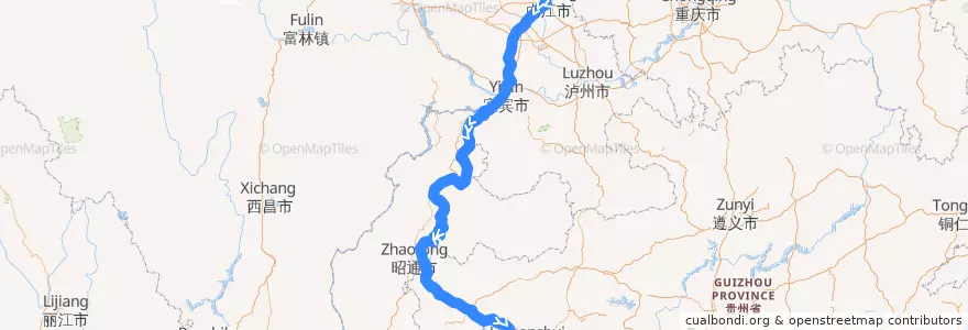 Mapa del recorrido 内昆铁路 de la línea  en China.