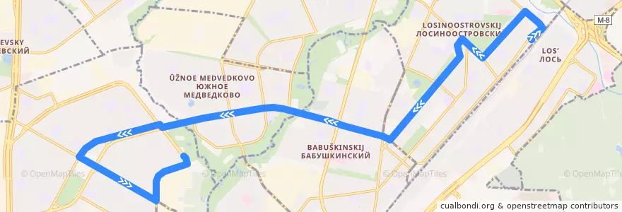 Mapa del recorrido Автобус 605: Платформа Лось => Юрловский проезд de la línea  en Nordöstlicher Verwaltungsbezirk.