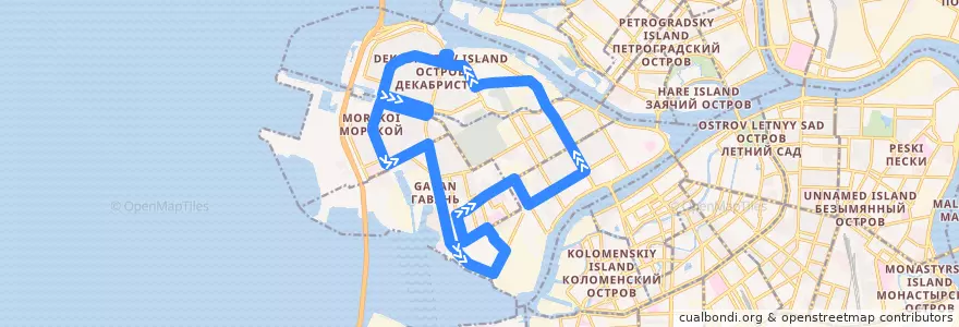 Mapa del recorrido Автобус № 151: улица Кораблестроителей => улица Кораблестроителей de la línea  en Василеостровский район.