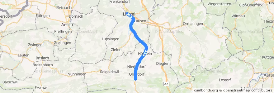 Mapa del recorrido Tram 19: Liestal => Waldenburg de la línea  en Bâle-Campagne.