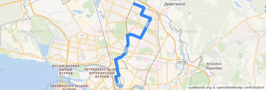 Mapa del recorrido Автобус № 1Ма: Станция метро "Площадь Ленина" => проспект Культуры de la línea  en Калининский район.
