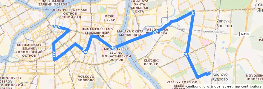 Mapa del recorrido Автобус № 4М: станция метро «Адмиралтейская» => Река Оккервиль de la línea  en San Pietroburgo.