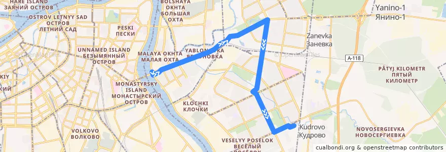 Mapa del recorrido Автобус № 4Ма: станция метро "Новочеркасская" - Река Оккервиль de la línea  en サンクト ペテルブルク.