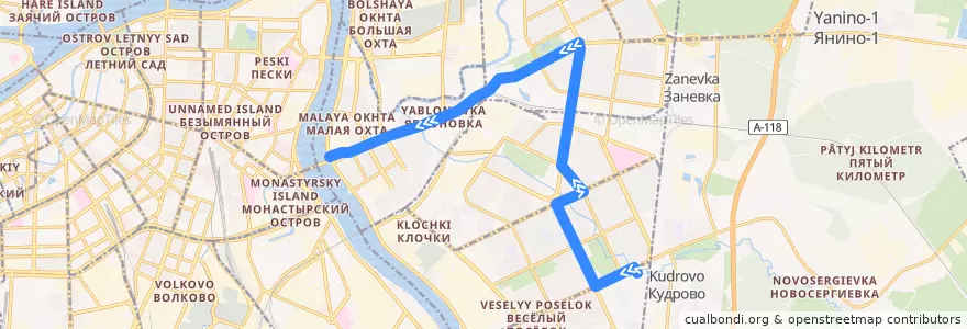 Mapa del recorrido Автобус № 4Ма: Река Оккервиль - станция метро "Новочеркасская" de la línea  en سانت بطرسبرغ.