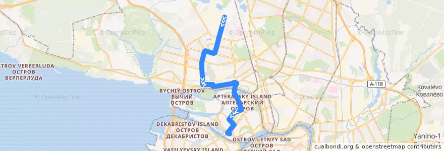 Mapa del recorrido Автобус № 5Ма: Репищева улица => проспект Добролюбова de la línea  en São Petersburgo.