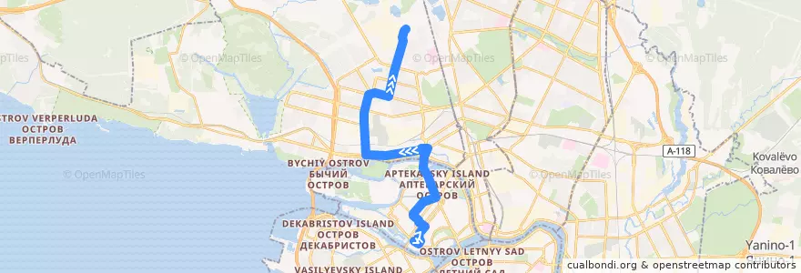 Mapa del recorrido Автобус № 5Ма: проспект Добролюбова => Репищева улица de la línea  en Санкт-Петербург.