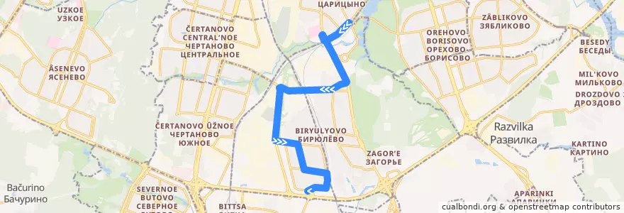 Mapa del recorrido Автобус 221: Метро "Царицыно" => Бирюлёво-Западное de la línea  en Южный административный округ.